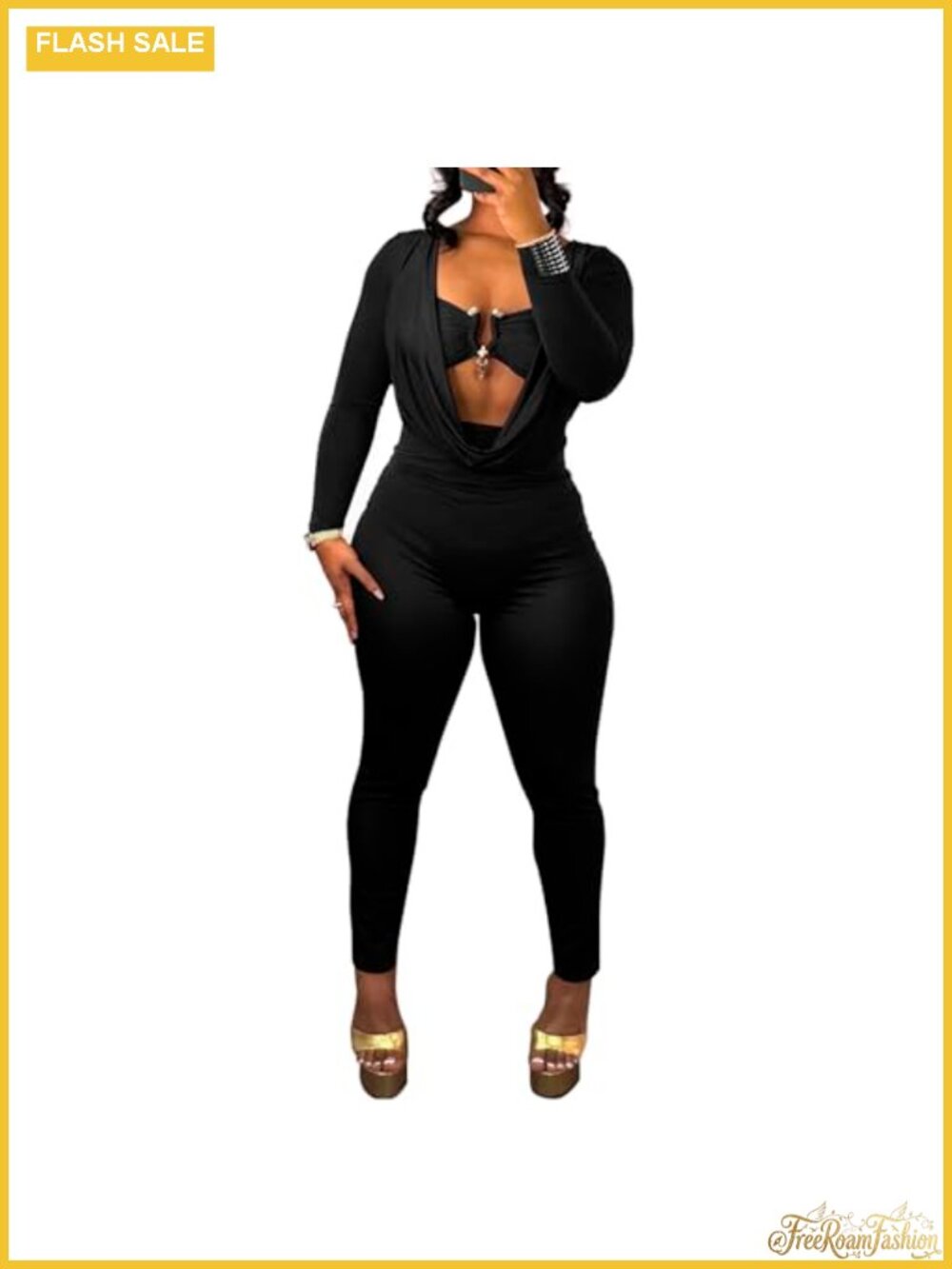 Women's Cowl Neck Long Sleeve Bodycon Jumpsuit Hollow Out One Piece Club Outfit